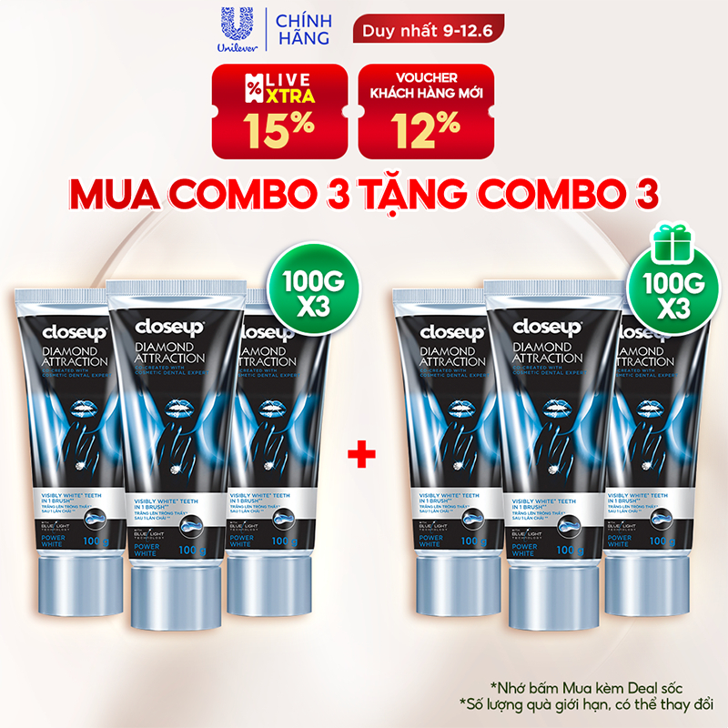 Combo 3 Kem Đánh Răng Closeup Dạng Gel Trắng Răng Diamond Attraction Ngay Sau 1 Lần Chải 100G/Tuýp