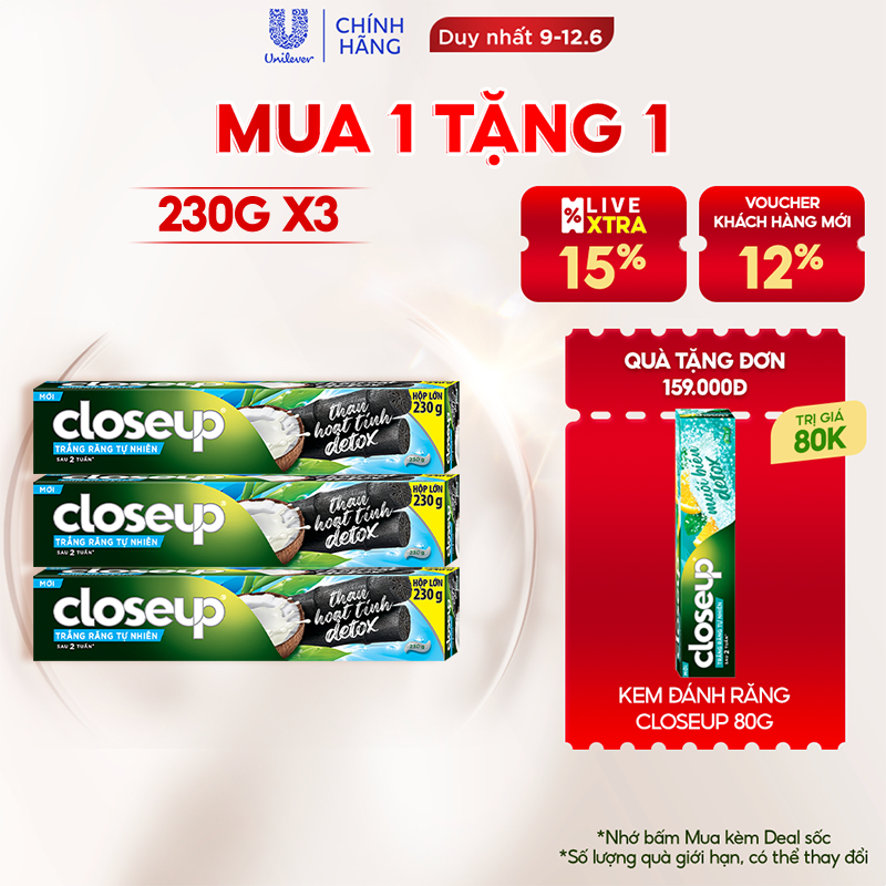 Combo 3 Kem Đánh Răng Closeup Giúp Làm Trắng Răng Tự Nhiên Sau 2 Tuần Với Chiết Xuất Dừa Và Than Hoạt Tính 230G/Tuýp