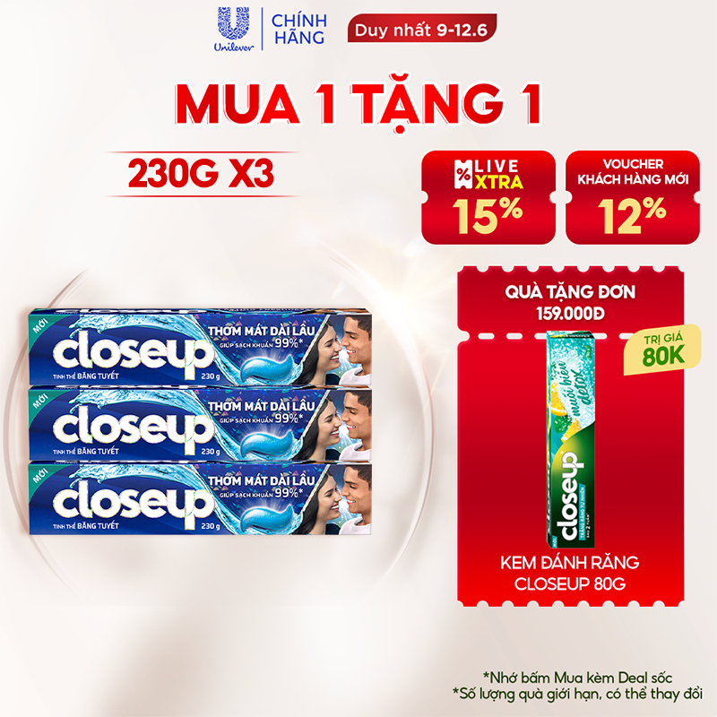 Combo 3 Kem Đánh Răng Closeup Gel Sạch Khuẩn Tinh Thể Băng Tuyết Cho Hơi Thở Thơm Mát Bất Tận 230G/Tuýp