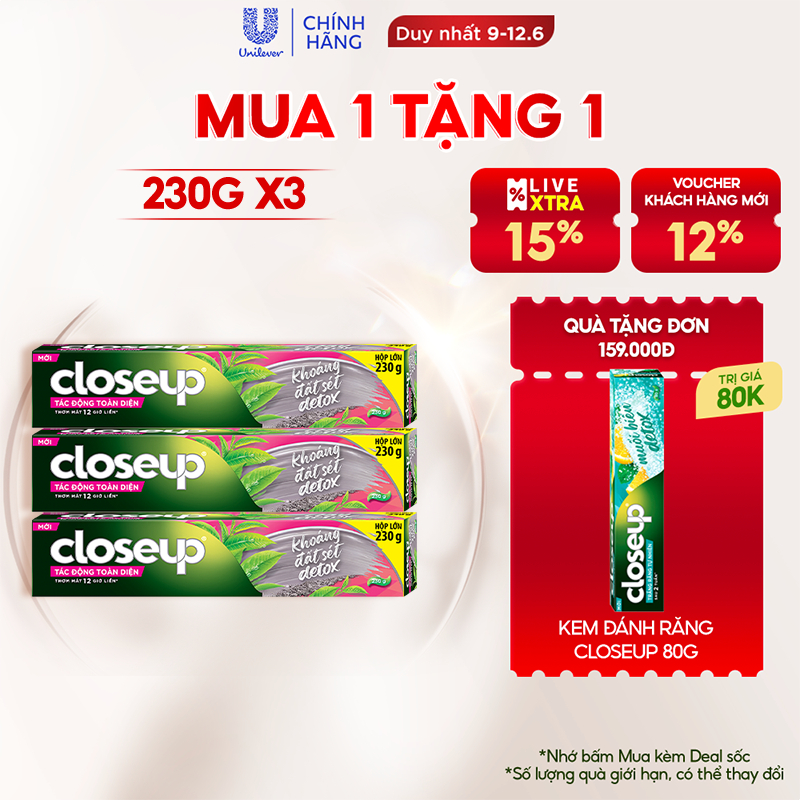 Combo 3 Kem Đánh Răng Closeup Giúp Làm Trắng Răng Tự Nhiên X2.5 Lần Với Khoáng Đất Sét Và Trà xanh 230G/Tuýp