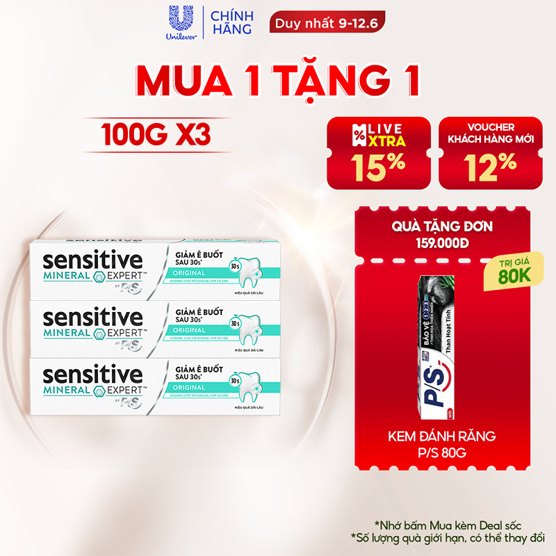 Bộ 3 Hộp Kem đánh răng P/S giảm ê buốt sau 30 giây Sensitive Mineral Expert Original với tác động từ khoáng 100g