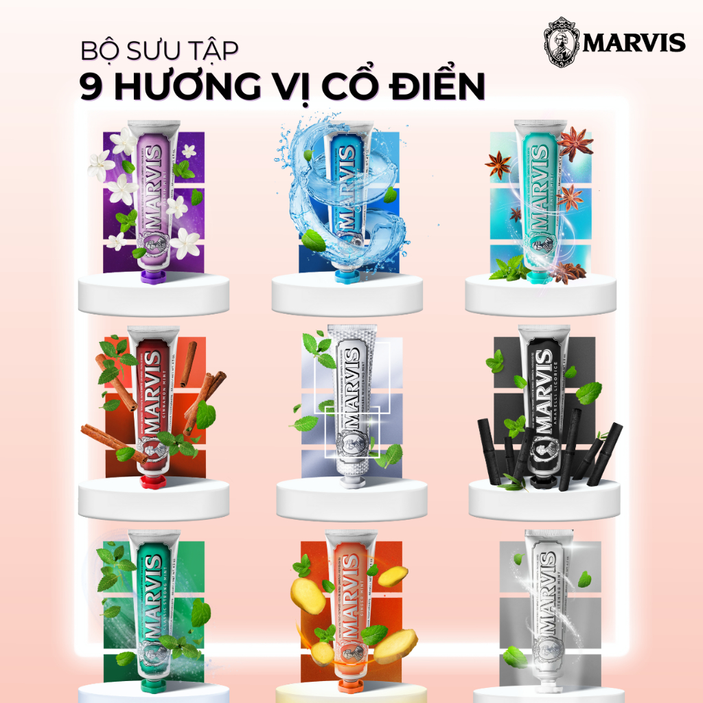 Kem Đánh Răng Ý Marvis Classic 85ml Đủ Loại – 9 Hương Vị Cổ Điển, Kem Đánh Răng Trắng Răng Marvis Whitening Smokers Mint