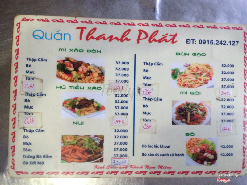 Bảng menu các món bún, mì xào