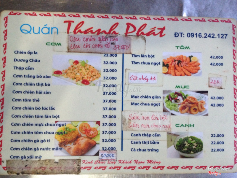 Bảng menu các món cơm canh