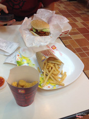 Chicken balls, spicy chicken sandwich, and medium fries. 