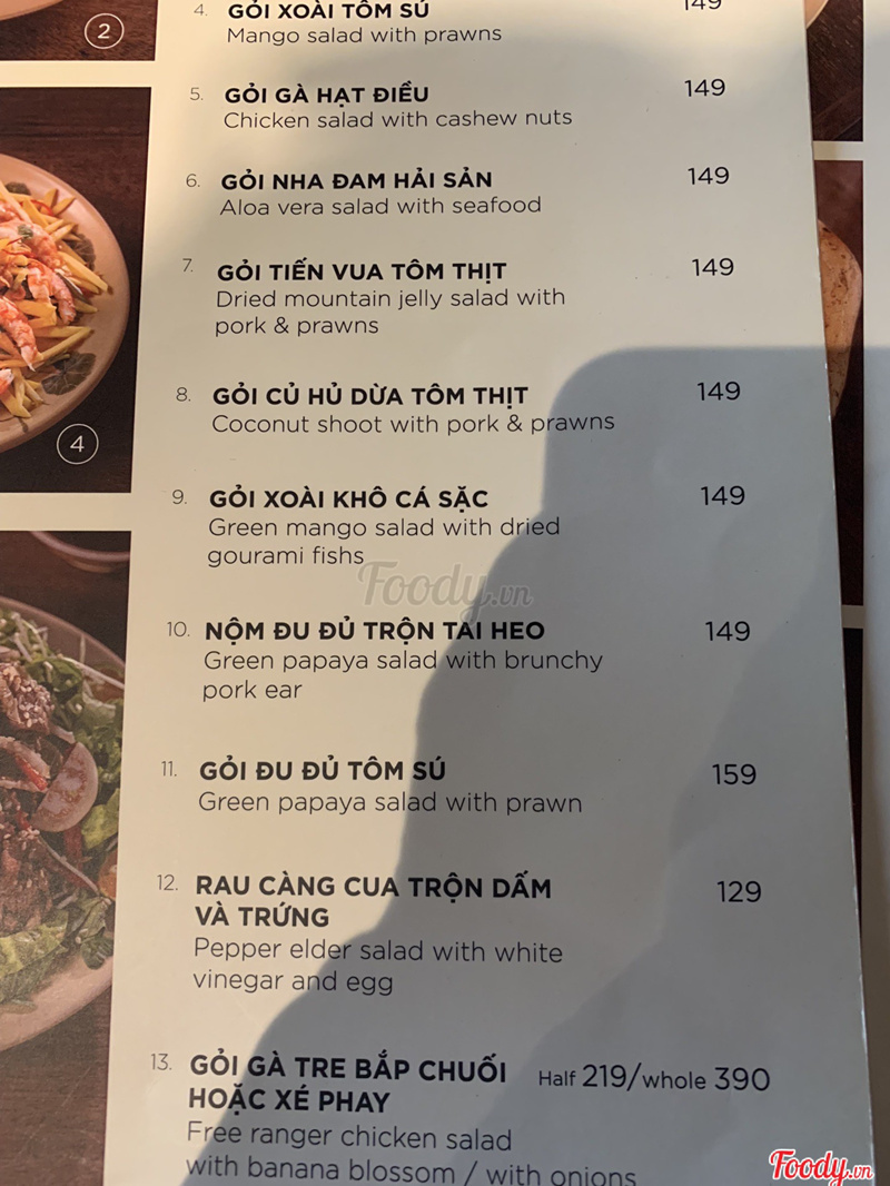 1 phần menu & giá