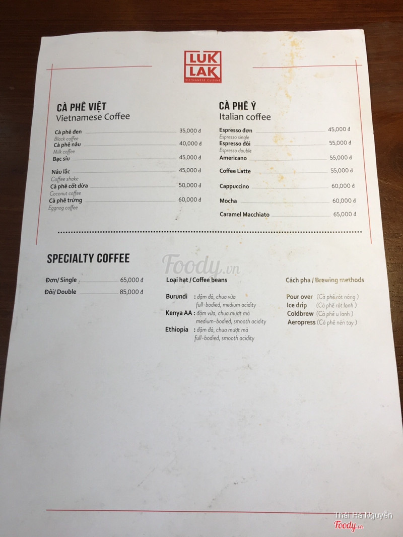 Menu đồ uống