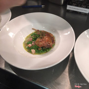 Duck confit with beurre noisette sweer peas and champage ham and tarragon