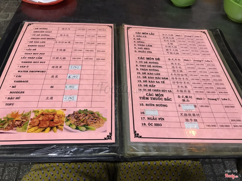 Menu của quán