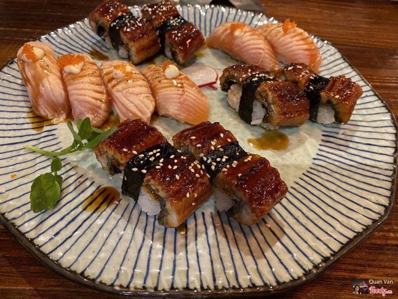 1. Unagi nigiri - 98k/2 pieces; 2. Sake harasu aburi - 58k/2 pieces