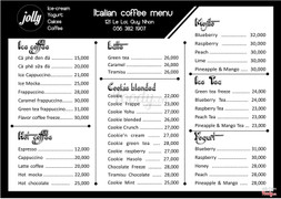 Menu nước và coffee Ý