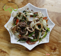 cuống tim xào hành răm 