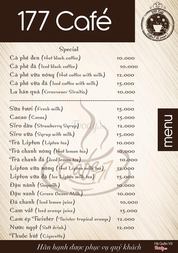 Menu của quán