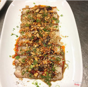 Cobia sashimi with sake suchuan chilli dressing