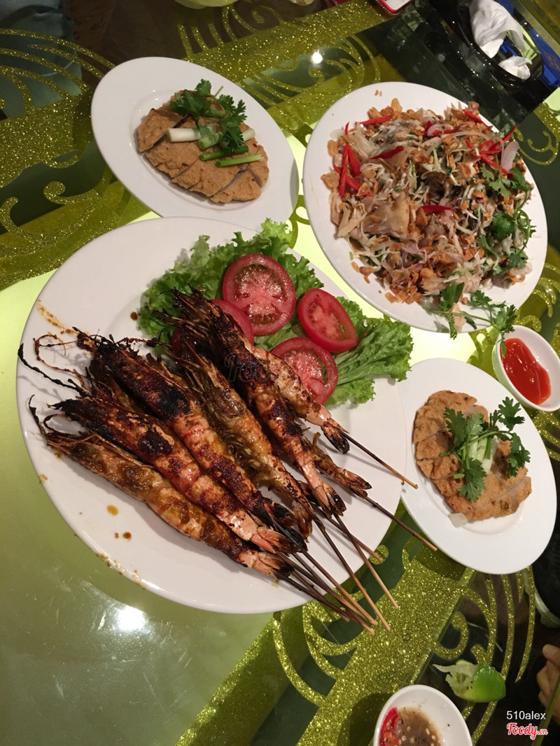 Grilled shrimp, fried fish cake, and chicken salad.