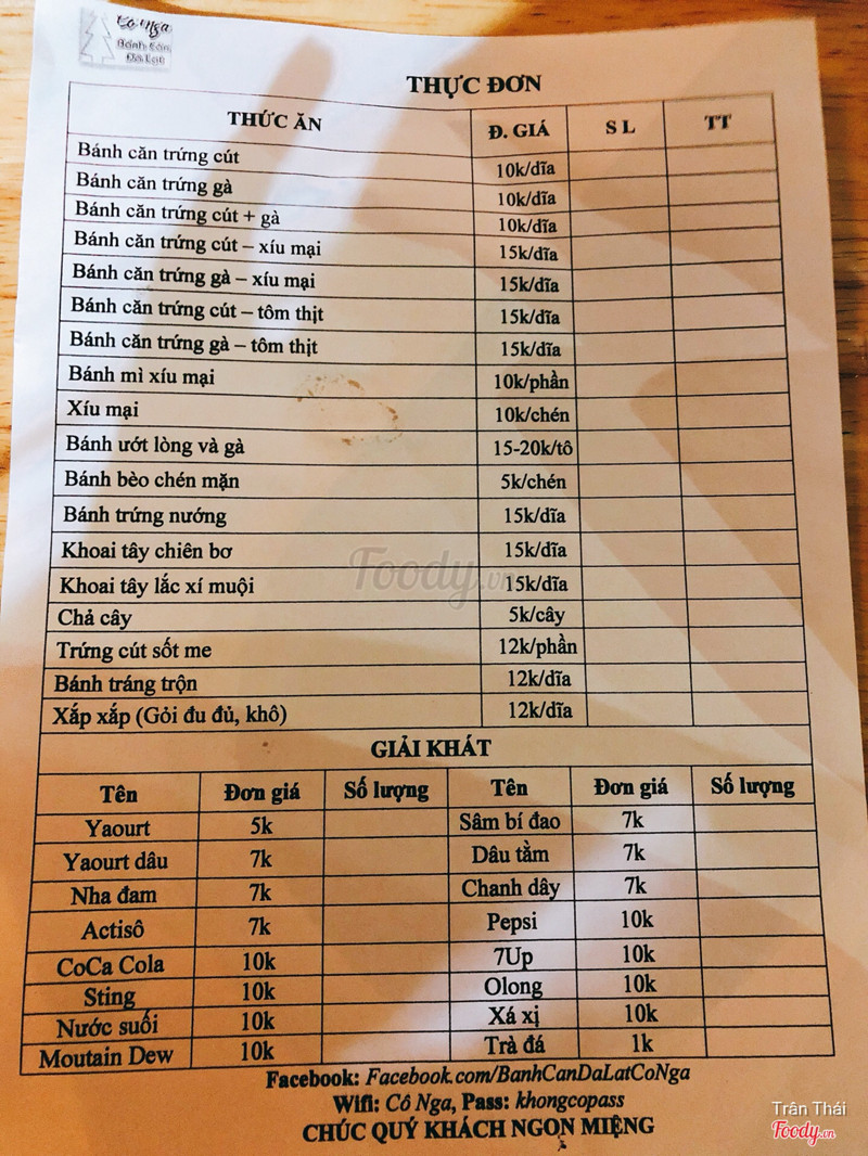 Menu của quán