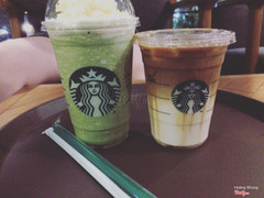 Iced caramel machiato & green tea cream frapp