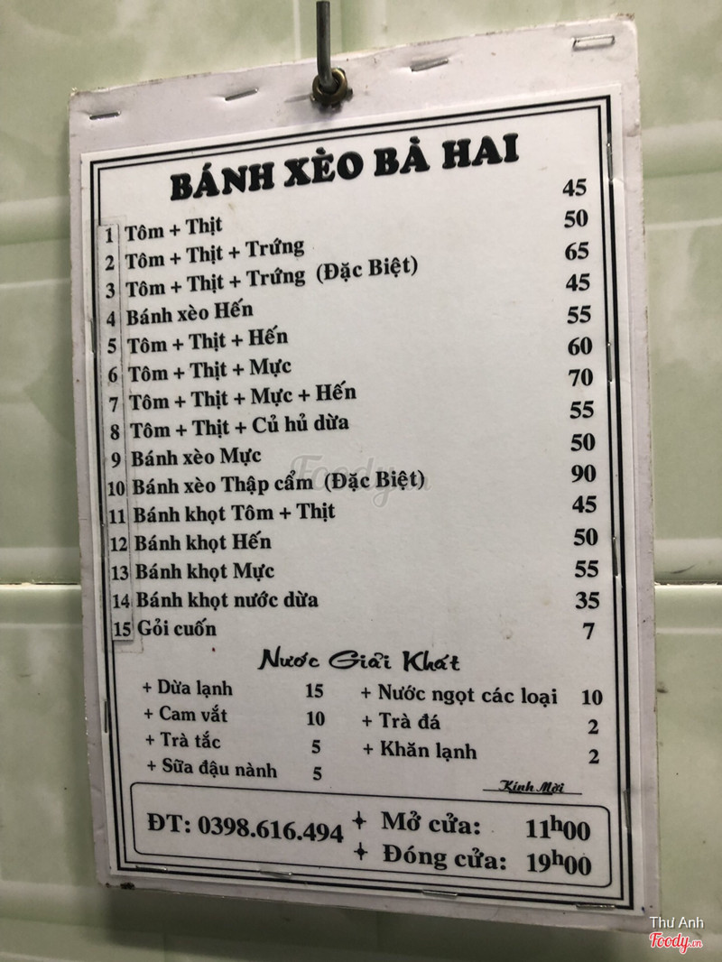 Menu, lưu ý quán chỉ bán đến 19h nên là đi tầm 6h là hết dần rồi