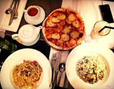 Mushroom risotto, pepperoni pizza and spicy shrimp pasta