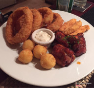 Named the Elbow Room Platter - Onion rings, Cheese balls, Chicken drumlets and Fish fingers