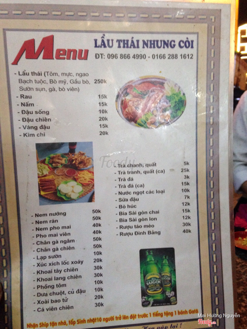 Menu của quán 