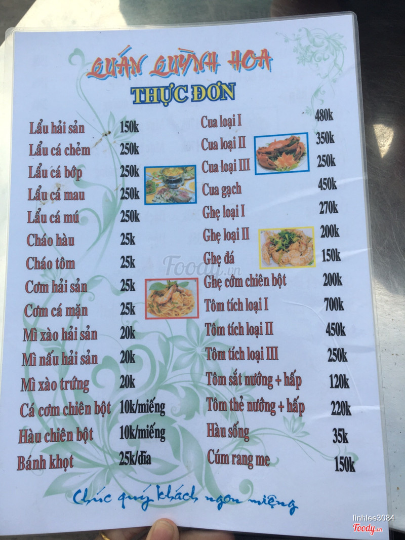 Menu quán Quỳnh Hoa