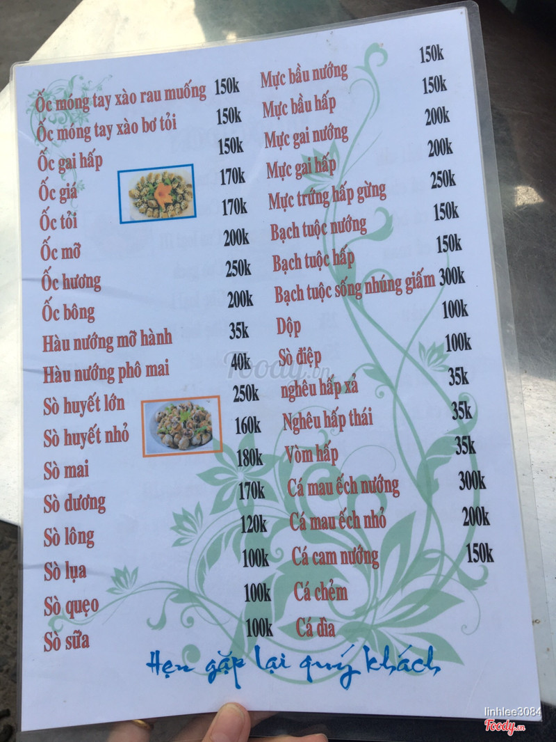 Menu quán Quỳnh Hoa