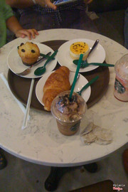 Plain Croissant, Vanilla muffin, Passion fruit mousse, Strawberry cheesecake Frappu, Mocha cookie Frappu