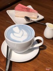 Blue Pea Butterfly Latte with Sakura Cheesecake. Sadly, they ran out if Chocolate Fondant. I was waiting three years for that. Oh well, next time