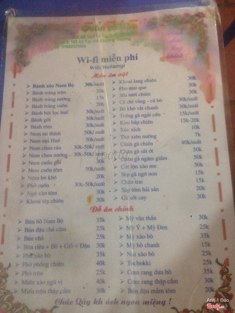 Menu đồ ăn