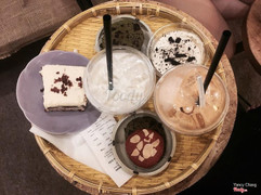 Redvelvet cake + cookies with ice cream + cold milk with cookies + thai milk tea with panna cotta + orea cheesecake