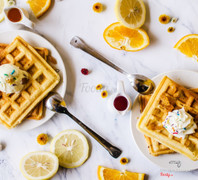 Waffle + Ice-cream + Whipped Cream + Raisin + Strawberry Syrup & Jam