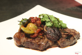 250 Grm Char Grilled Wagyu Rump Marble Score7, Horseradish Puree Potato, Button Mushrooms and Chorizo Tomato Stew