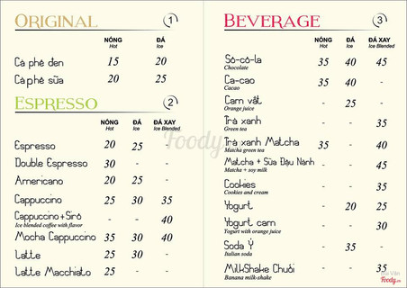 Menu cà phê