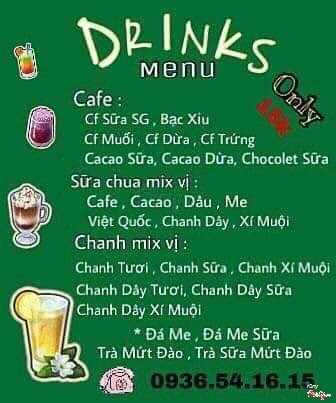 Menu các loại nước uống 