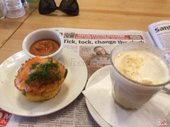 Smoked salmon quiche and chai latte