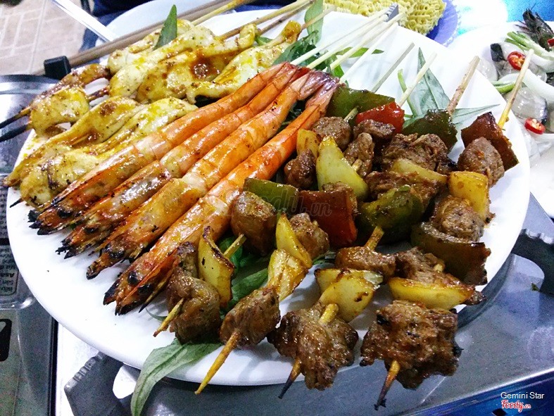 Mực, tôm bò nướng