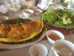 Banh Xeo - Vietnamese Crepe with bean sprouts prawns & pork with fresh greens!! This was so good, so crispy and not much oil. Very well made