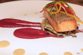 16.	Pan fried Salmon fillet with sauted mushroom
 beetroot puree and white wine sauce
