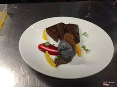 Chocolate cake and black sesame ice cream