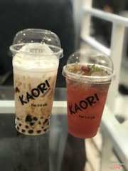 Trà sữa caramel trân châu trắng+trân châu đường đen - Trà ô long đỏ mâm xôi hạt chia + thạch mật ong