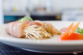 Enoki mushrooms rolled in Bacon