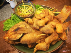 Cá tươi chiên giòn ngon nhưng nước chấm nhạt, ko mặn ko ngọt ko chua, nên ăn như thế này sẽ ngấy.