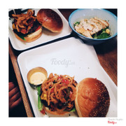 Off-chops chili burger + smokey bacon & chi burger, ceasar salad