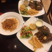 Steak 🥩: 300gr ribeye with pepper corn sauce & 200 gr ribeye with cheese sauce. Spaghetti 🍝: Bolognese. Salad 🥗 - fried 🍟 and grill corn are available