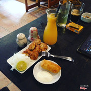 Chicken kebab indian and cordon bleu and orange juice