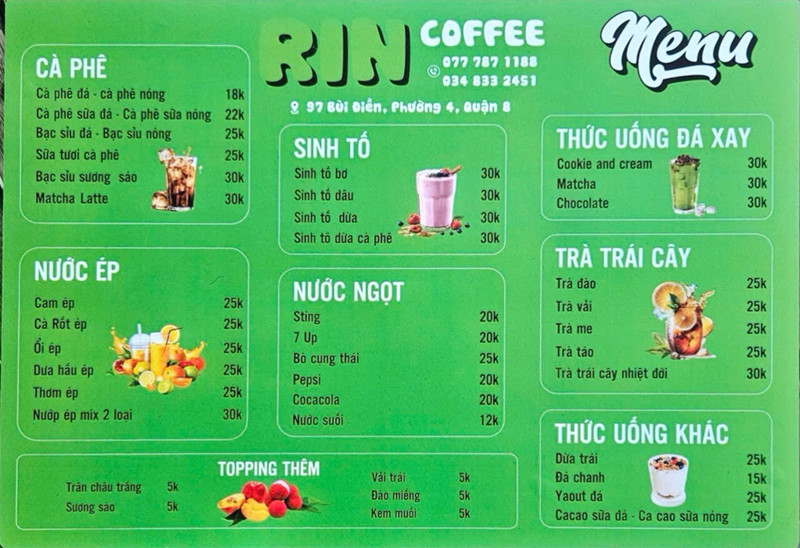 Menu của quán, đa dạng phong phú